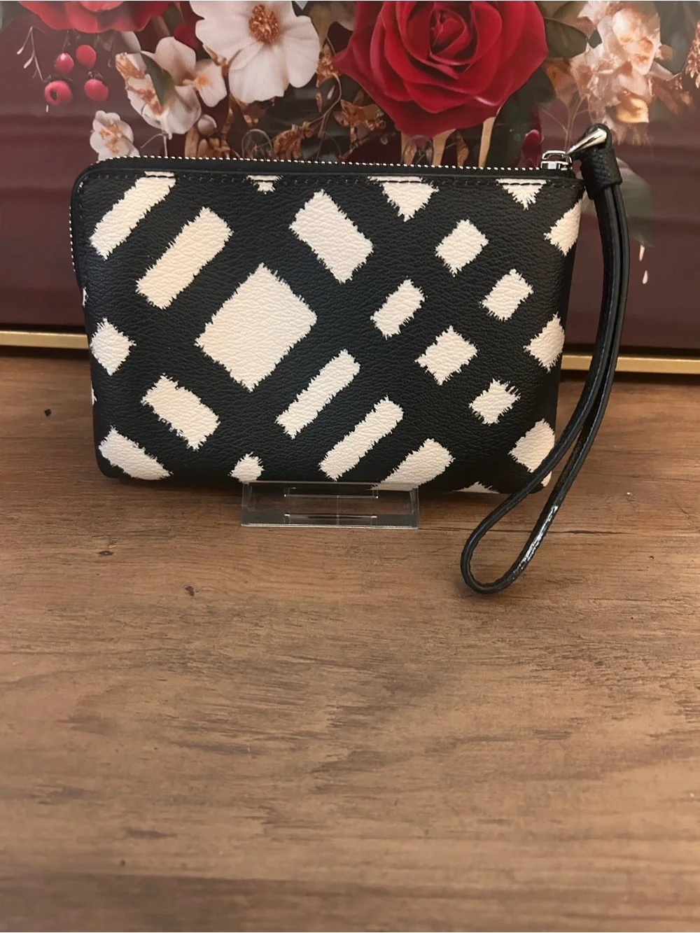 Coach Black and White Geometric Leather Wristlet